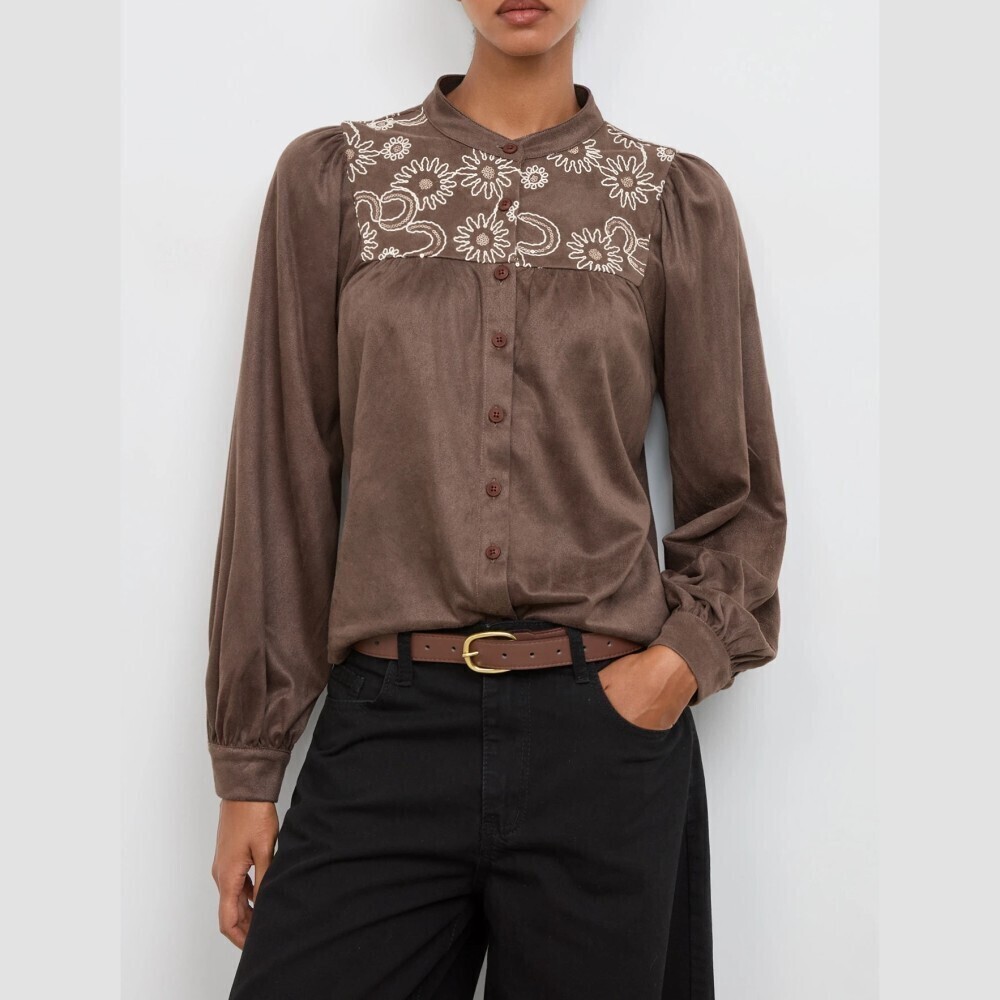Brown Floral Embroidered Yoke Stand Collar Button Front Blouse